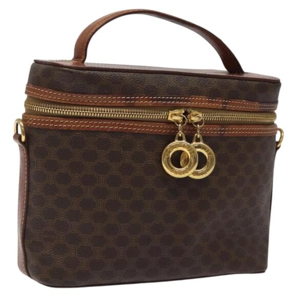 CELINE Macadam Canvas Vanity Pouch PVC Leather Brown Gold Auth 117463 - Picture 1 of 16